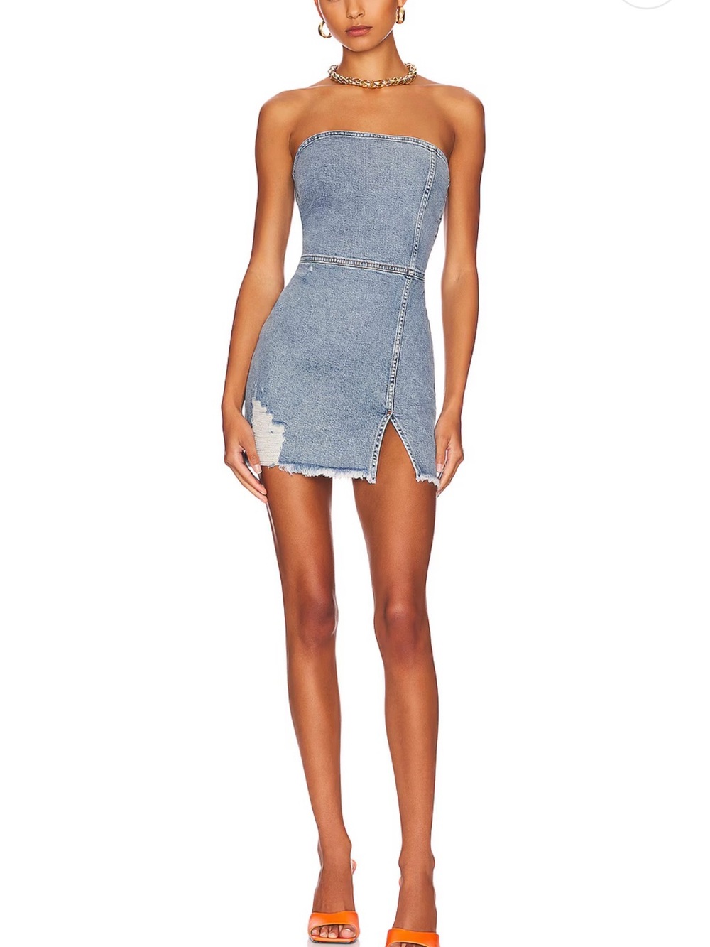 Strapless Light Blue Denim Mini Dress with Front Slit